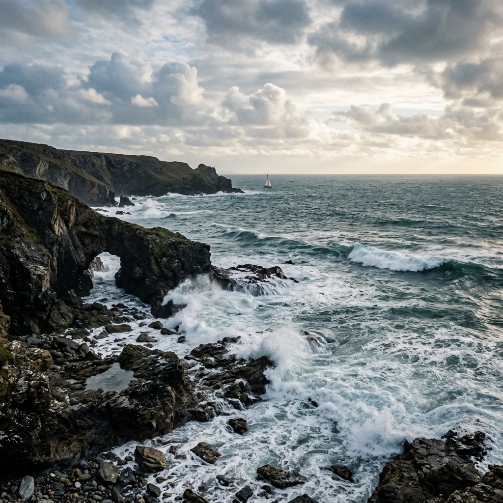 Rugged cliffs and crashing waves with a lone sailboat offshore