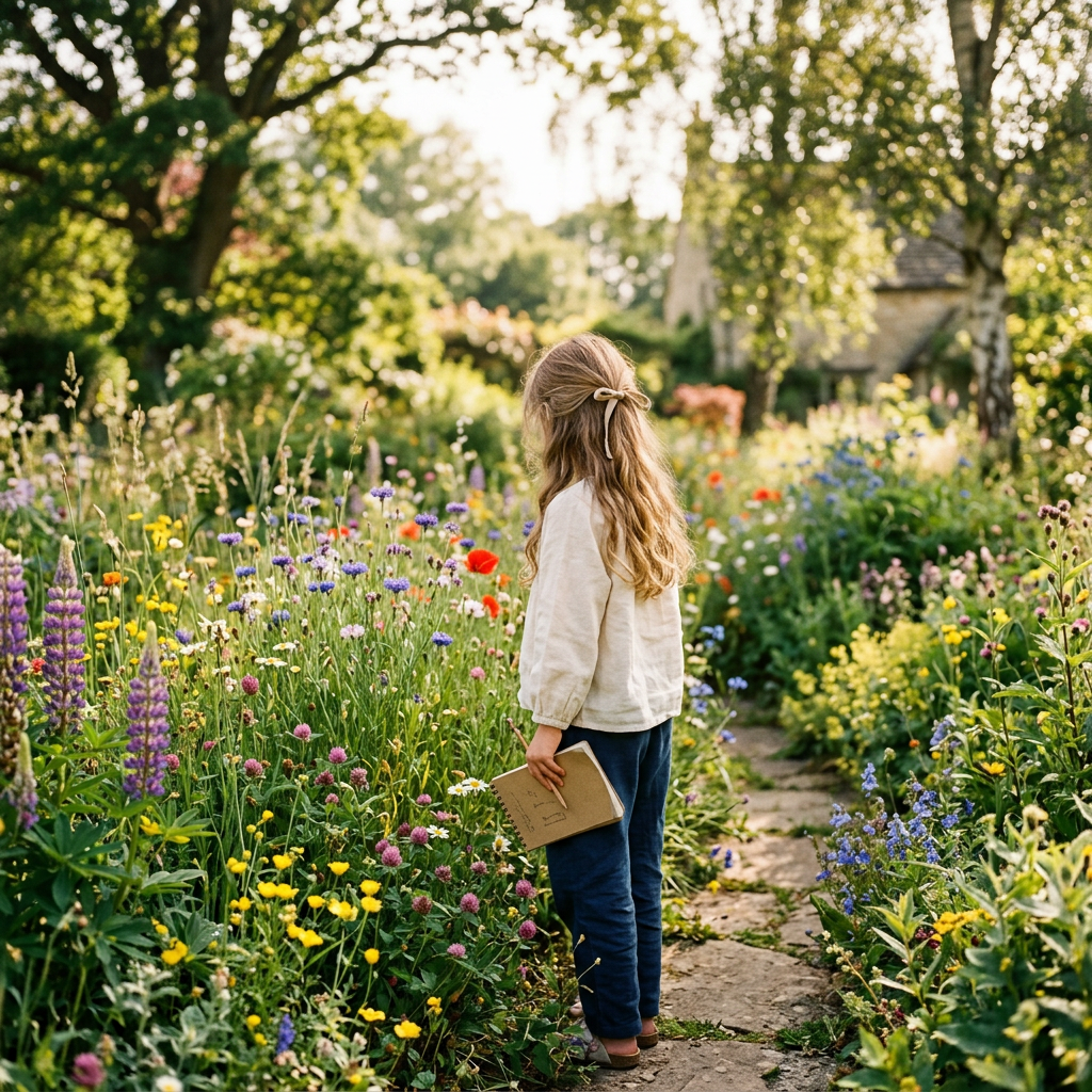 Child holding a notebook on a flower-filled garden path