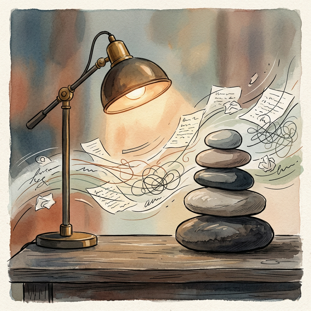 Glowing desk lamp, scattered papers, and stacked smooth stones on a wooden table