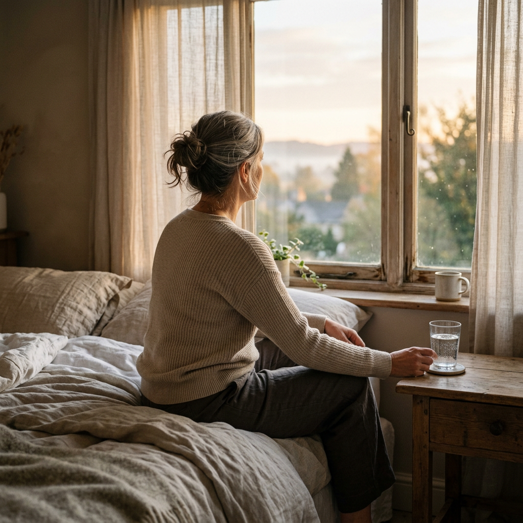 Woman sitting on bed and looking out a sunlit window